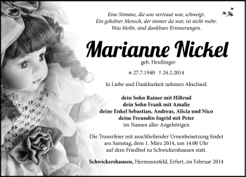 Traueranzeige von Marianne Nickel von Südthüringer Presse