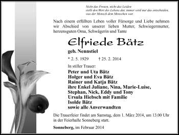 Traueranzeige von Elfriede Bätz von Südthüringer Presse