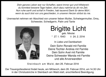 Traueranzeige von Brigitte Licht von Neue Presse Coburg