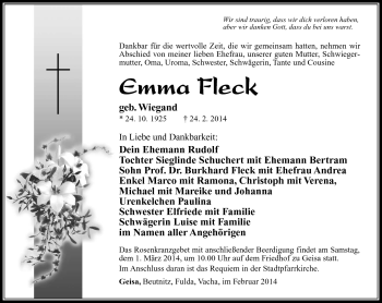 Traueranzeige von Emma Fleck von Südthüringer Presse