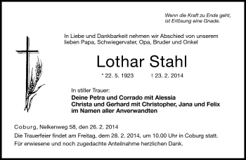 Traueranzeige von Lothar Stahl von Neue Presse Coburg
