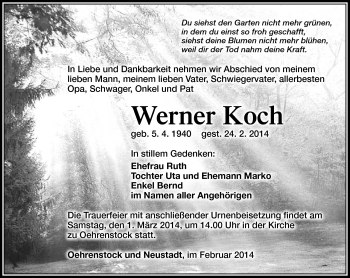 Traueranzeige von Werner Koch von Südthüringer Presse