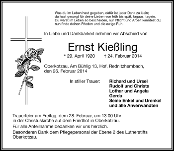 Traueranzeige von Ernst Kießling von Frankenpost