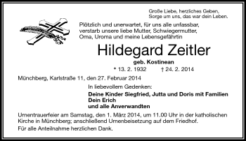 Traueranzeige von Hildegard Zeitler von Frankenpost