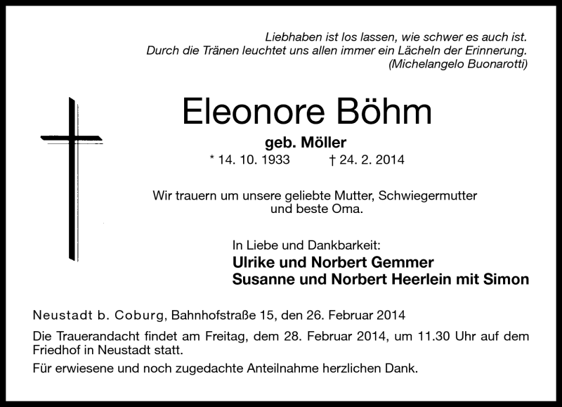  Traueranzeige für Eleonore Böhm vom 26.02.2014 aus Neue Presse Coburg