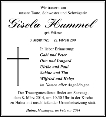 Traueranzeige von Gisela Hummel von Südthüringer Presse