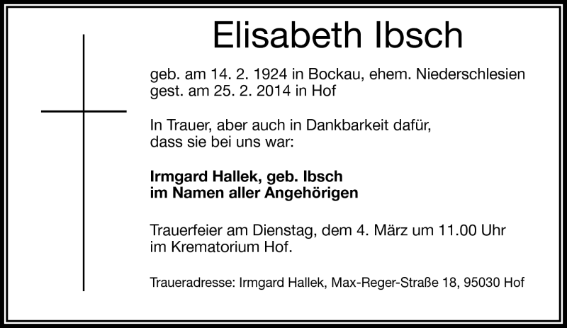  Traueranzeige für Elisabeth Ibsch vom 28.02.2014 aus Frankenpost