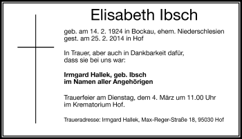 Traueranzeige von Elisabeth Ibsch von Frankenpost