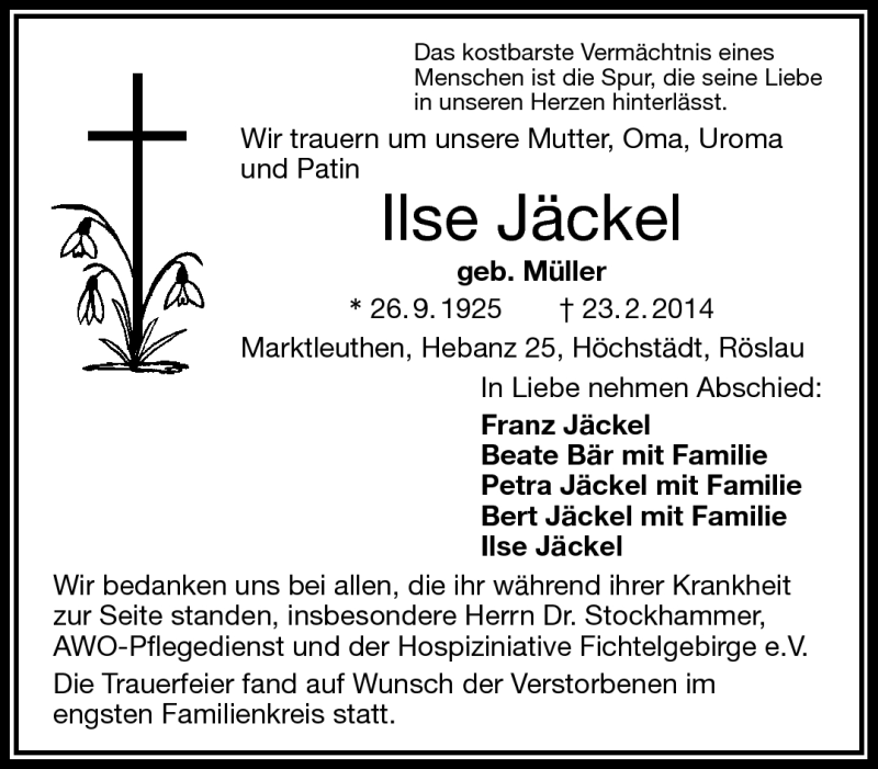  Traueranzeige für Ilse Jäckel vom 28.02.2014 aus Frankenpost