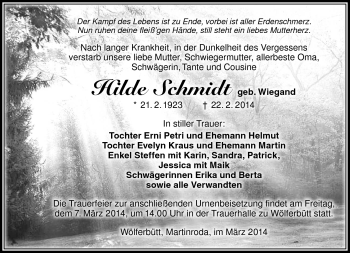 Traueranzeige von Hilde Schmidt von Südthüringer Presse