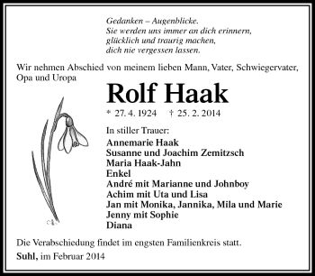 Traueranzeige von Rolf Haak von Südthüringer Presse