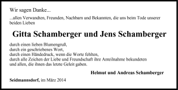 Traueranzeige von Gitta u. Jens Schamberger von Neue Presse Coburg
