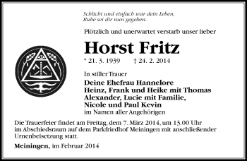 Traueranzeige von Horst Fritz von Südthüringer Presse