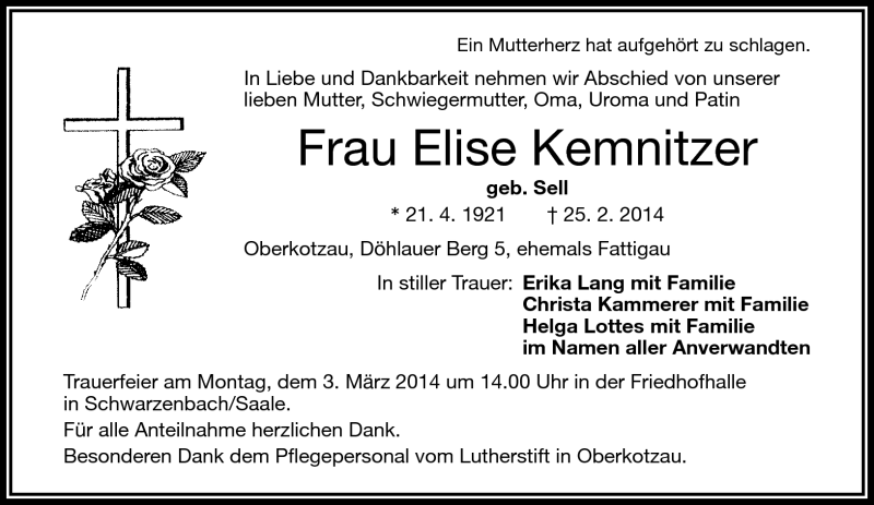  Traueranzeige für Elise Kemnitzer vom 28.02.2014 aus Frankenpost