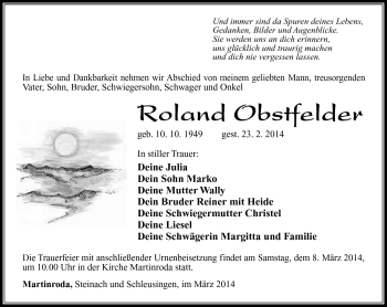 Traueranzeige von Roland Obstfelder von Südthüringer Presse