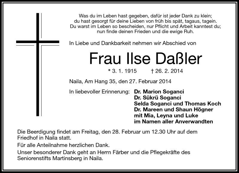  Traueranzeige für Ilse Daßler vom 27.02.2014 aus Frankenpost