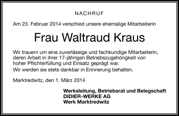 Traueranzeige von Waltraud Kraus von Frankenpost