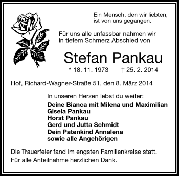 Traueranzeige von Stefan Pankau von Frankenpost