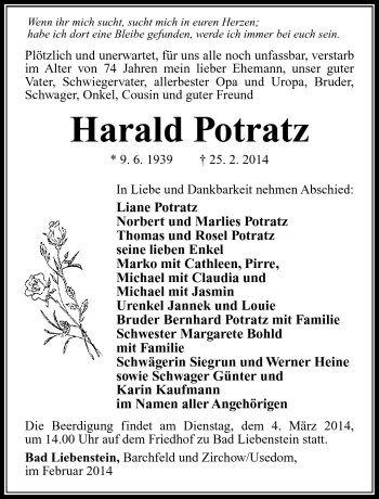 Traueranzeige von Harald Potratz von Südthüringer Presse