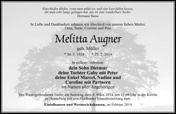Traueranzeige von Melitta Augner von Südthüringer Presse