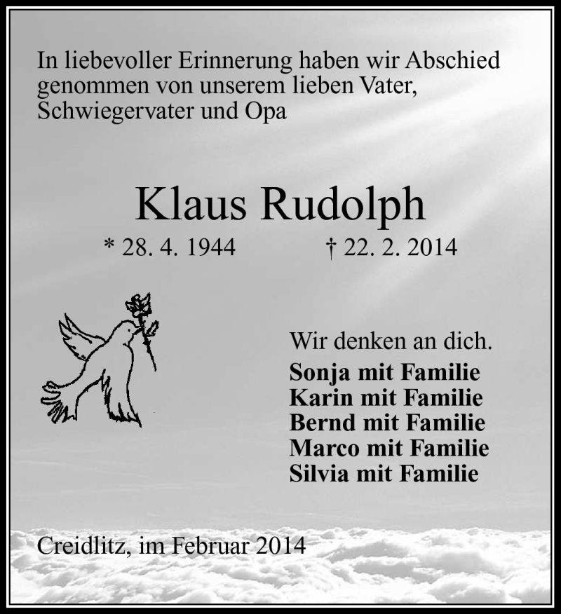  Traueranzeige für Klaus Rudolph vom 27.02.2014 aus Neue Presse Coburg