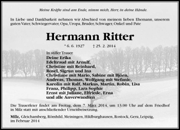 Traueranzeige von Hermann Ritter von Südthüringer Presse