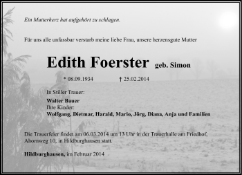 Traueranzeige von Edith Foerster von Südthüringer Presse