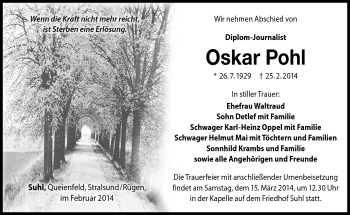 Traueranzeige von Oskar Pohl von Südthüringer Presse