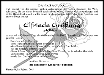 Traueranzeige von Elfriede Grüßung von Südthüringer Presse