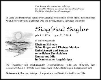 Traueranzeige von Siegfried Segler von Südthüringer Presse