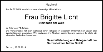 Traueranzeige von Brigitte Licht von Neue Presse Coburg