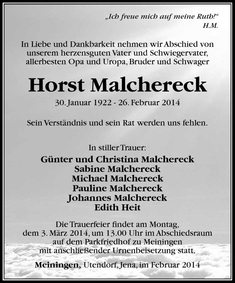  Traueranzeige für Horst Malchereck vom 28.02.2014 aus Südthüringer Presse