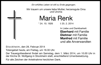 Traueranzeige von Maria Renk von Neue Presse Coburg