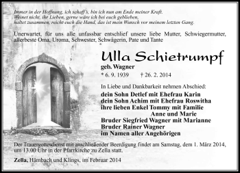 Traueranzeige von Ulla Schietrumpf von Südthüringer Presse