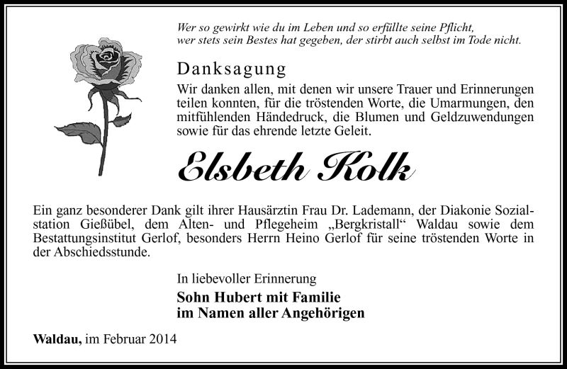  Traueranzeige für Elsbeth Kolk vom 01.03.2014 aus Südthüringer Presse