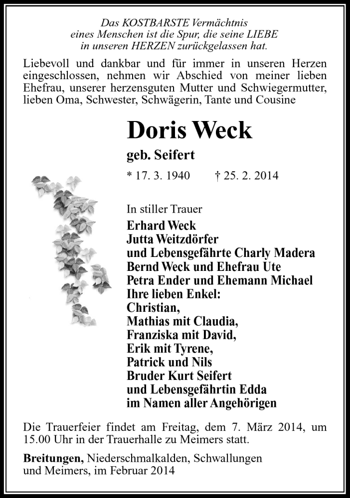  Traueranzeige für Doris Weck vom 04.03.2014 aus Südthüringer Presse