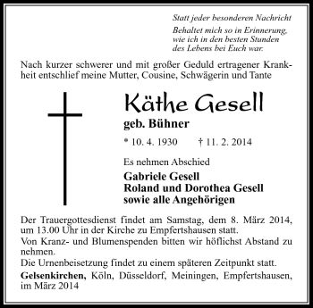 Traueranzeige von Käthe Gesell von Südthüringer Presse