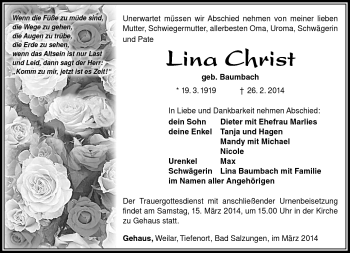Traueranzeige von Lina Christ von Südthüringer Presse