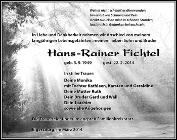 Traueranzeige von Hans-Rainer Fichtel von Südthüringer Presse