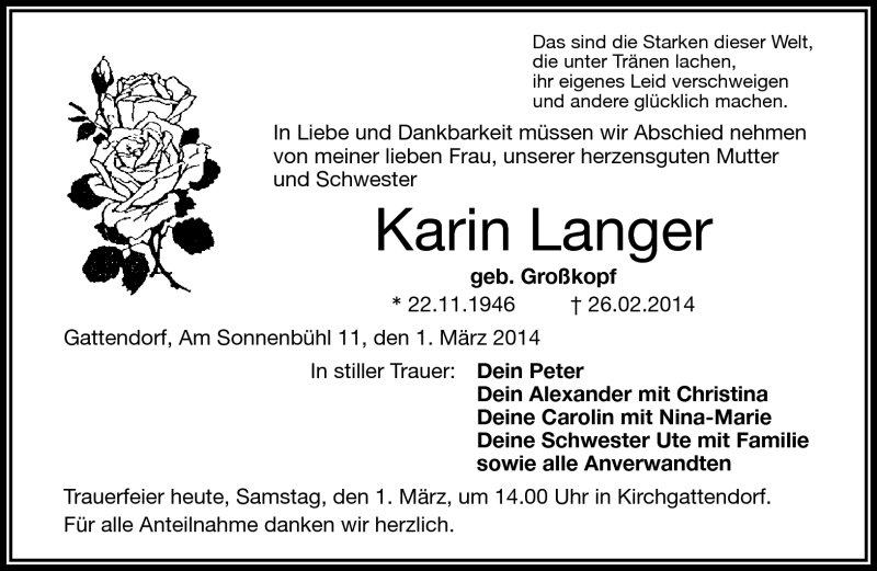  Traueranzeige für Karin Langer vom 01.03.2014 aus Frankenpost