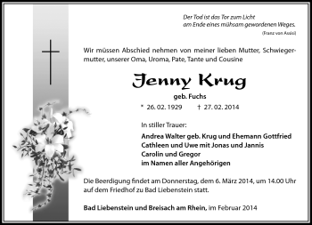 Traueranzeige von Jenny Krug von Südthüringer Presse