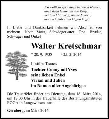 Traueranzeige von Walter Kretschmar von Südthüringer Presse