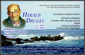 Traueranzeige von Harald Dressel von Südthüringer Presse