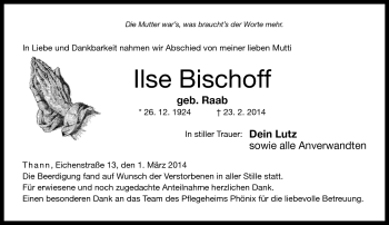Traueranzeige von Ilse Bischoff von Neue Presse Coburg