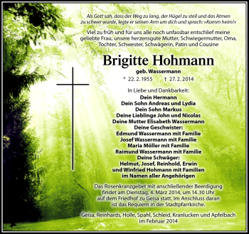 Traueranzeige von Brigitte Hohmann von Südthüringer Presse