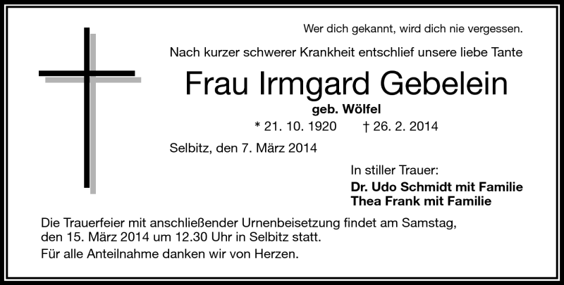  Traueranzeige für Irmgard Gebelein vom 07.03.2014 aus Frankenpost