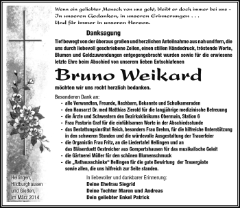 Traueranzeige von Bruno Weikard von Südthüringer Presse