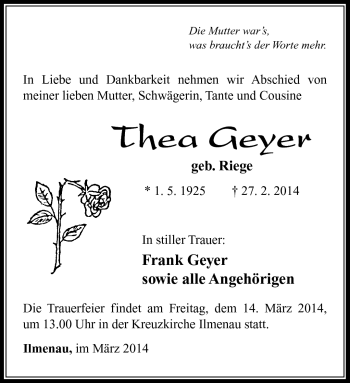 Traueranzeige von Thea Geyer von Südthüringer Presse