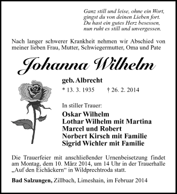 Traueranzeige von Johanna Wilhelm von Südthüringer Presse