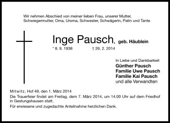 Traueranzeige von Inge Pausch von Neue Presse Coburg